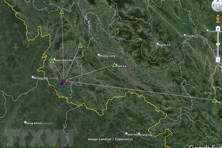 Vị trí tâm chấn xảy ra trận động đất tại Điện Biên, ngày 14/3. (Ảnh: TTXVN phát)