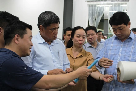 Các đại biểu xem sản phẩm sợi chế biến từ cây gai xanh.