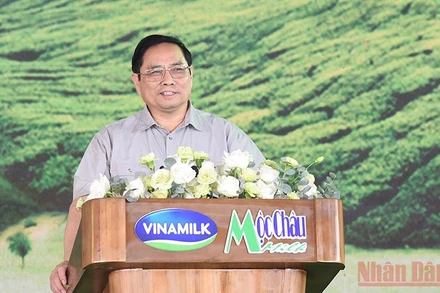 Thủ tướng Phạm Minh Chính phát biểu ý kiến tại Lễ khởi công Dự án Tổ hợp thiên đường sữa Mộc Châu.
