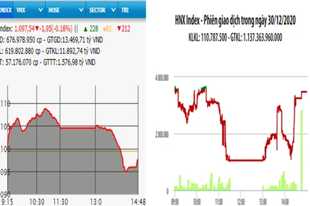 Diễn biến VN-Index và HNX-Index, phiên giao dịch ngày 30-12. 