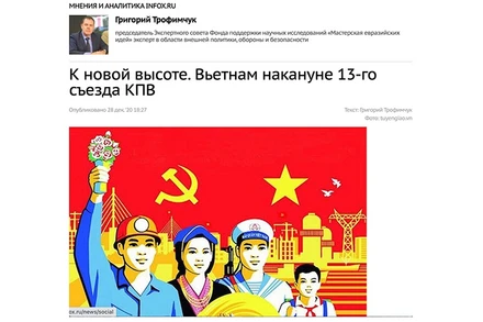 Giao diện trang mạng Infox.ru của Nga với bài báo ca ngợi vai trò lãnh đạo của Đảng Cộng sản Việt Nam.