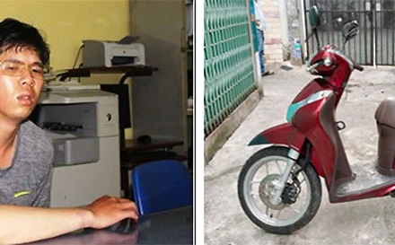 Nghi can Mai Xuân Bình và chiếc xe máy dùng để gây án.