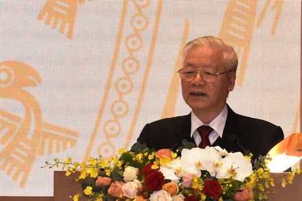 Tổng Bí thư, Chủ tịch nước Nguyễn Phú Trọng phát biểu ý kiến chỉ đạo tại hội nghị. (Ảnh: TRẦN HẢI)