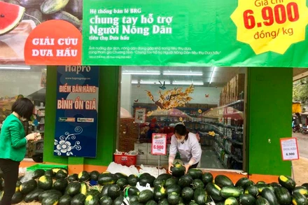 Siêu thị Hapromart Thành Công (Hà Nội) hỗ trợ nông dân tiêu thụ dưa hấu.