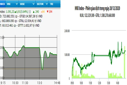 Diễn biến VN-Index và HNX-Index, phiên giao dịch ngày 28-12. 
