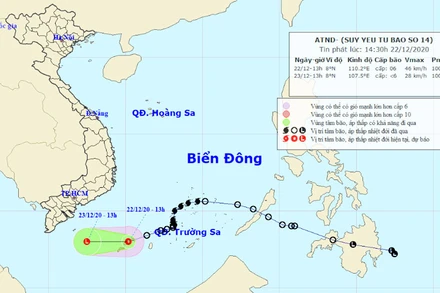 Vị trí và hướng di chuyển của áp thấp nhiệt đới (suy yếu từ bão số 14). (Nguồn: nchmf.gov.vn)