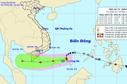 Vị trí và hướng di chuyển của bão số 14. (Nguồn: nchmf.gov.vn)