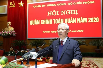 Tổng Bí thư, Chủ tịch nước Nguyễn Phú Trọng, Bí thư Quân ủy T.Ư phát biểu chỉ đạo Hội nghị. (Ảnh: TTXVN)