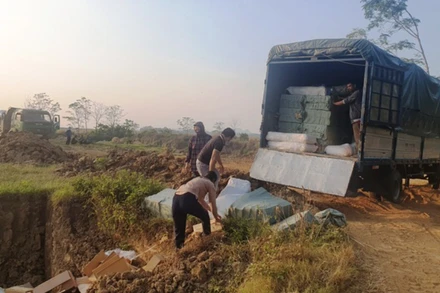 Thực phẩm không đảm bảo chất lượng được tiêu hủy ở bác rác Đông Nam, TP Thanh Hóa.