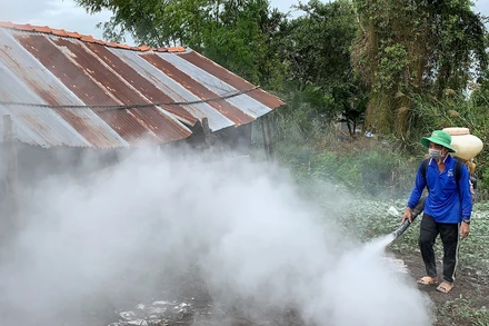 Lực lượng chức năng tiến hành tiêu độc sát trùng xung quanh chuồng trại tại hộ chăn nuôi của ông Lê Nhựt Bình để phòng ngừa, dịch bệnh.