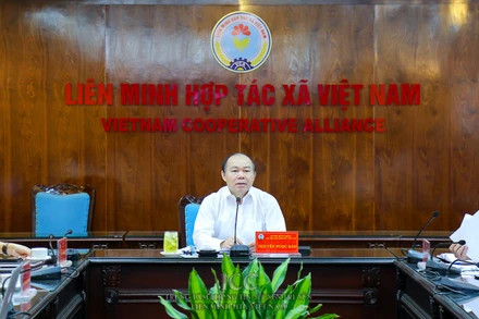 Chủ tịch Liên mnih HTX Nguyễn Ngọc Bảo chủ trì cuộc họp trực tuyến