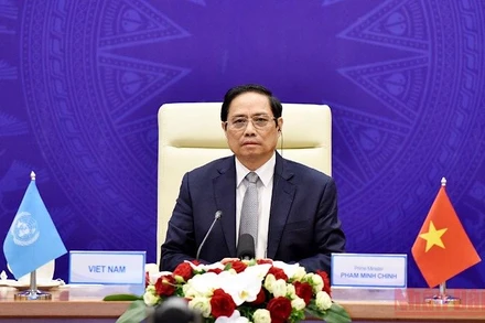 Thủ tướng Phạm Minh Chính dự Phiên thảo luận mở Cấp cao của Hội đồng Bảo an Liên hợp quốc về chủ đề "Thúc đẩy An ninh Biển và Một số lĩnh vực hợp tác quốc tế" theo hình thức trực tuyến tối 9/8. (Ảnh: TRẦN HẢI)