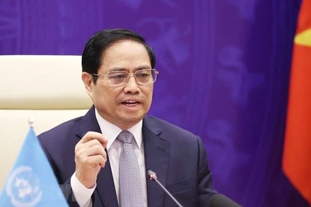 Thủ tướng Phạm Minh Chính phát biểu tại Phiên thảo luận mở Cấp cao của Hội đồng Bảo an Liên hợp quốc về an ninh biển, ngày 9/8. (Ảnh: TTXVN)
