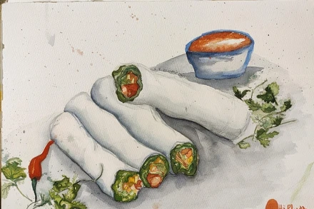 Tác phẩm ký họa thưởng thức ẩm thực Hà Nội.