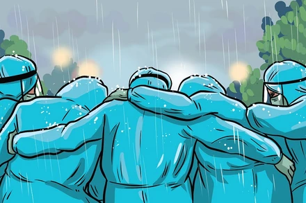 Bức vẽ lấy cảm hứng từ một tấm ảnh nhóm tình nguyện viên phun khử khuẩn ở tâm dịch TP Hồ Chí Minh.