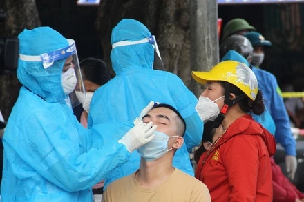 Tổ chức test nhanh cho tiểu thương chợ đầu mối Vinh. Ảnh Quang An