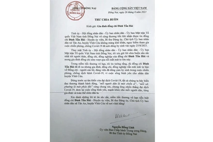 Bí thư Tỉnh ủy Đồng Nai gửi thư chia buồn gia đình đồng chí Đinh Tấn Hải.