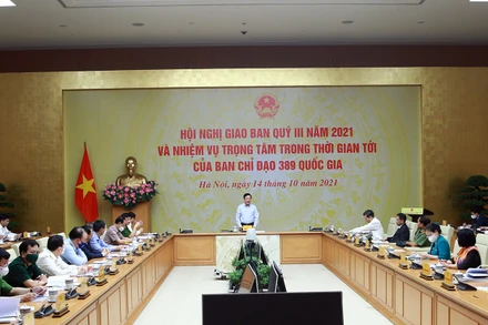 Phó Thủ tướng Thường trực Chính phủ, Trưởng Ban Chỉ đạo 389 quốc gia Phạm Bình Minh chủ trì cuộc họp. (Ảnh: Hải Minh/Cổng TTĐT Chính phủ)