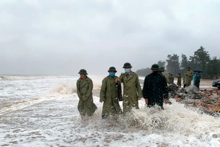 Lãnh đạo tỉnh Thanh Hóa cùng các thành viên đoàn công tác kiểm tra vị trí triều cường xâm thực bờ biển xã Quảng Nham, huyện Quảng Xương.