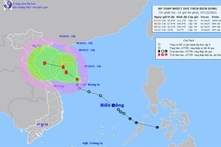 Vị trí và hướng di chuyển của áp thấp nhiệt đới. (Nguồn: nchmf.gov.vn)