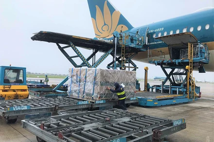 Lô hàng 560 nghìn liều vaccine AstraZeneca ngừa Covid-19 và 12,5 tấn vật tư y tế tại sân bay Nội Bài. (Ảnh: VNA)