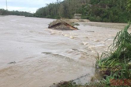 Đê ngăn mặn đầm Bàu Nú ở xã Phổ Châu, thị xã Đức Phổ (Quảng Ngãi) bị mưa lũ, triều cường phá vỡ. (Ảnh: HIỂN CỪ)