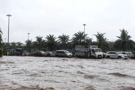 Úng ngập tại đường gom Đại lộ Thăng Long. 