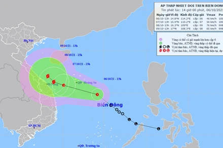 Vị trí và hướng di chuyển của áp thấp nhiệt đới. (Nguồn: nchmf.gov.vn)
