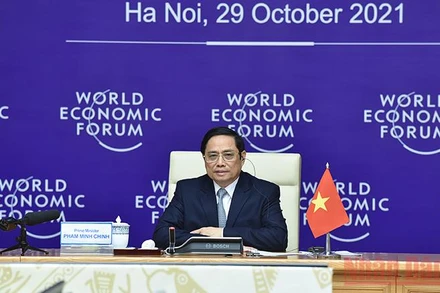 Thủ tướng Phạm Minh Chính chủ trì Đối thoại chiến lược quốc gia giữa Việt Nam và WEF tại điểm cầu Hà Nội. (Ảnh: TRẦN HẢI)