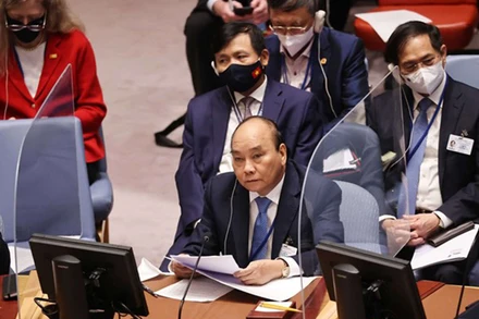 Chủ tịch nước Nguyễn Xuân Phúc tham dự và phát biểu tại một phiên họp cấp cao của Hội đồng Bảo an Liên hợp quốc. (Ảnh: TTXVN)