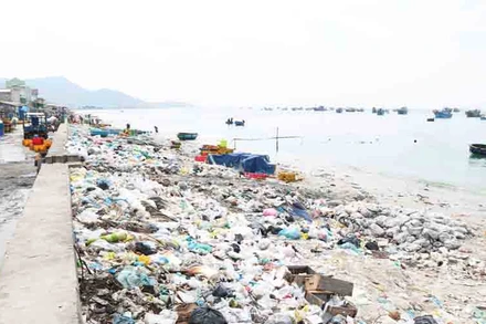 Rác thải đủ loại dồn ứ nhiều ngày thành đống lớn, kéo dài hàng km dọc theo kè chắn sóng ở xã Phước Diêm. 