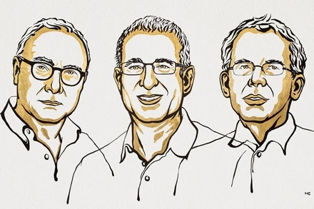 Chân dung ba nhà kinh tế người Mỹ David Card (bìa trái), Joshua D. Angrist (giữa) và Guido W. Imbens giành giải Nobel Kinh tế năm 2021. (Ảnh: Niklas Elmehed/Nobel Prize Outreach)