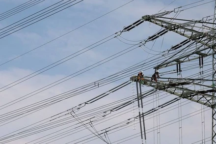 Công nhân điện lực lắp đặt đường dây điện cao thế mới ở Hanau, Đức, ngày 10/8/2020. (Ảnh: Reuters)