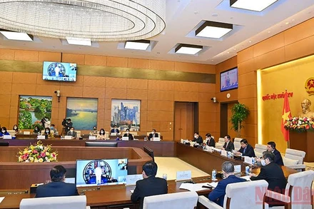 Chủ tịch Quốc hội Vương Đình Huệ chủ trì buổi làm việc trực tuyến với Đoàn doanh nghiệp cấp cao của Hội đồng kinh doanh Hoa Kỳ- ASEAN, ngày 30/9. (Ảnh: Duy Linh)