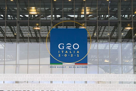 Biểu tượng Hội nghị thượng đỉnh G20 tổ chức tại Rome, Italia. (Ảnh: TTXVN/g20.org)