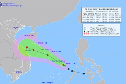 Vị trí và hướng di chuyển của áp thấp nhiệt đới trên Biển Đông. (Nguồn: nchmf.gov.vn)