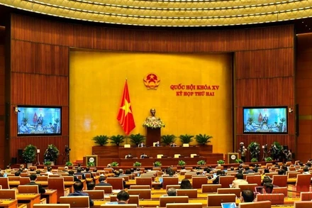 Quốc hội thảo luận trực tuyến tại hội trường sáng 24/10. (Ảnh: LINH NGUYÊN)