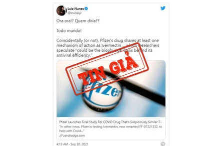 Ảnh chụp màn hình 1 bài đăng trên mạng xã hội Twitter chia sẻ thông tin sai sự thật về thuốc điều trị Covid-19 mà Pfizer đang thử nghiệm. 
