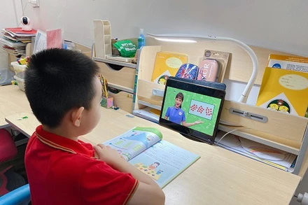 Học sinh tiểu học trong giờ học trực tuyến tại nhà.