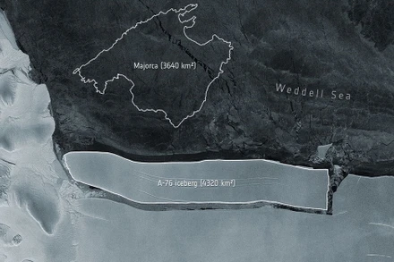 Theo Cơ quan Vũ trụ châu Âu (ESA), A-76 là tảng băng lớn nhất trên thế giới đang trôi trên biển, được vệ tinh Copernicus Sentinel-1 của ESA chụp vào ngày 20 -5. Ảnh: ESA.