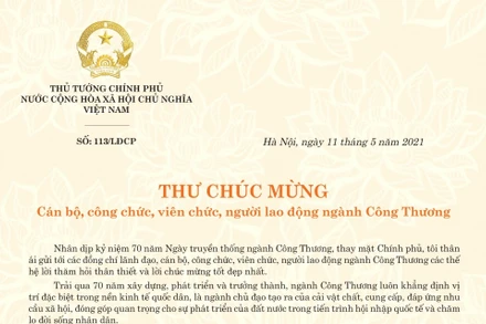 Phần đầu bức thư chúc mừng nhân Ngày truyền thống ngành Công thương của Thủ tướng Phạm Minh Chính.