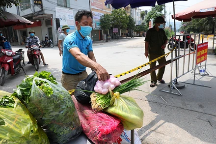 Cung cấp rau xanh cho khu vực cách ly y tế tại thôn My Điền, thị trấn Nếnh, huyện Việt Yên, tỉnh Bắc Giang. Ảnh: Danh Lam