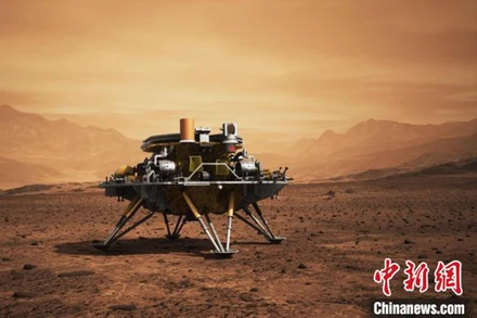 Đồ họa robot thăm dò Thiên Vấn 1 đáp xuống bề mặt Sao Hỏa. (Nguồn: Chinanews)