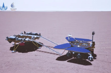 Bản vẽ của nghệ sĩ về chiếc tàu thăm dò Chúc Dung của Trung Quốc hoạt động trên bề mặt sao Hỏa do Cục ũ trụ quốc gia Trung Quốc (CNSA) cung cấp vào ngày 22-5. Nguồn: CNSA