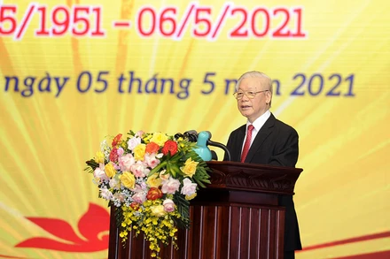 Tổng Bí thư Nguyễn Phú Trọng phát biểu tại Lễ kỷ niệm 70 năm thành lập Ngân hàng Việt Nam. (Ảnh: ĐĂNG KHOA)