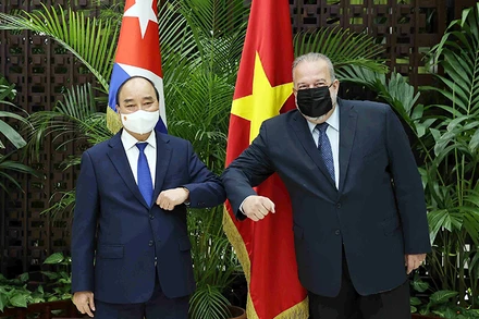 Chủ tịch nước Nguyễn Xuân Phúc hội kiến Thủ tướng Cuba Manuel Marrero Cruz. Ảnh: TTXVN