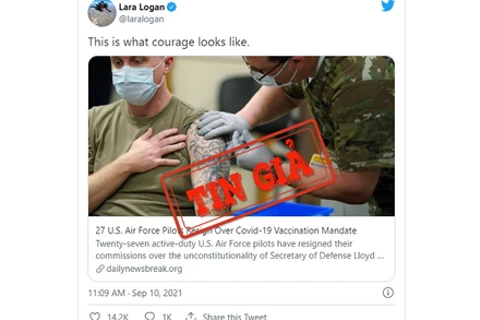 Một tài khoản Twitter đăng tải lại câu chuyện sai sự thật về việc 27 phi công Mỹ từ chức vì bị yêu cầu tiêm vaccine Covid-19. (Ảnh chụp màn hình)