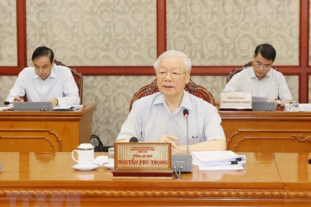 Tổng Bí thư Nguyễn Phú Trọng phát biểu kết luận cuộc họp. (Ảnh: TTXVN)