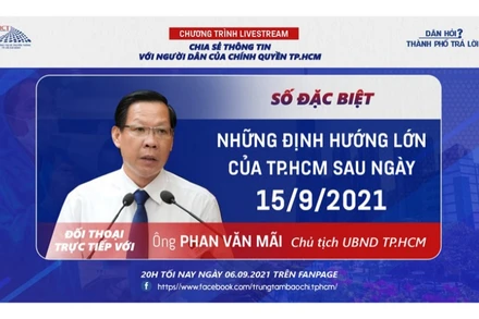 Chủ tịch UBND TP Hồ Chí Minh Phan Văn Mãi tham gia Livestream “Dân hỏi - thành phố trả lời” để chia sẻ thông tin với người dân. (Ảnh: Trung tâm Báo chí TP Hồ Chí Minh cung cấp)