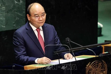 Chủ tịch nước Nguyễn Xuân Phúc phát biểu tại Phiên thảo luận Cấp cao Đại hội đồng Liên hợp quốc lần thứ 76. (Ảnh: TTXVN)